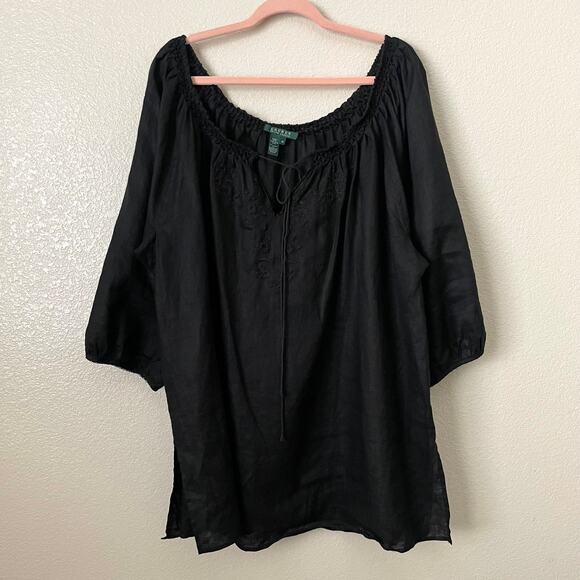 Lauren Ralph Lauren Top Womens 3X Black Linen Floral Embroidered Tunic Boho - Picture 3 of 11